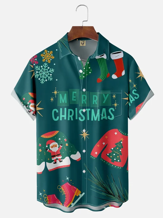 Moisture-wicking Merry Christmas Artistic Font Chest Pocket Hawaiian Shirt