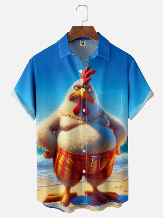 Moisture Wicking Beach Chicken Chest Pocket Hawaiian Shirt