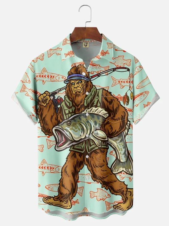 Moisture Wicking Fishing Bigfoot Chest Pocket Hawaiian Shirt