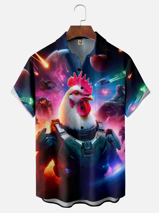 Moisture Wicking Cosmic Chicken Chest Pocket Hawaiian Shirt