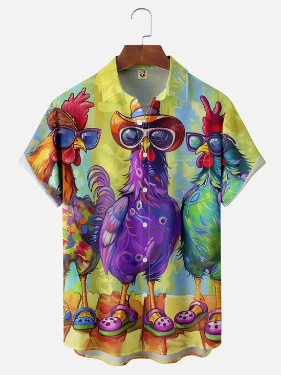 Moisture Wicking Abstract Chicken Chest Pocket Hawaiian Shirt