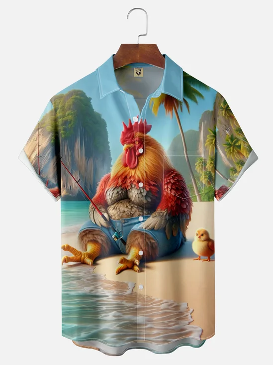 Moisture Wicking Fishing Chicken Chest Pocket Hawaiian Shirt