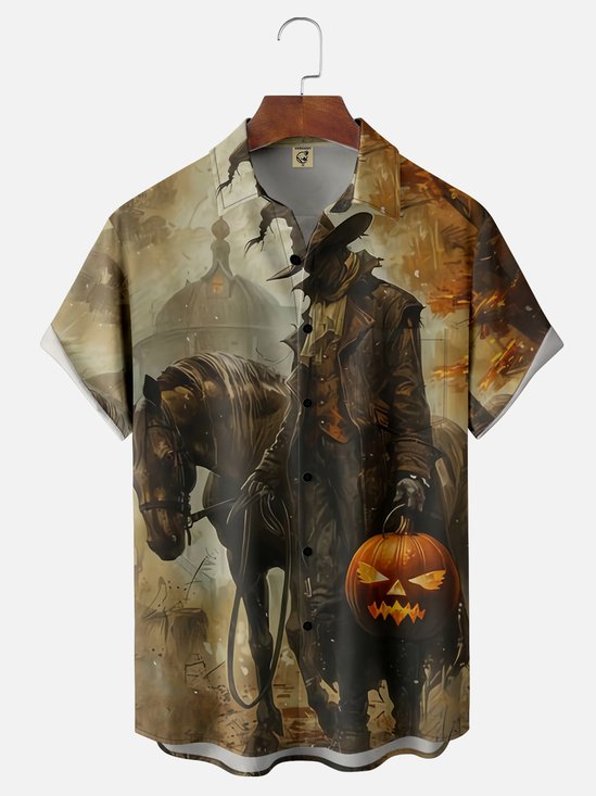 Moisture Wicking Halloween Pumpkin Ghost Chest Pocket Hawaiian Shirt