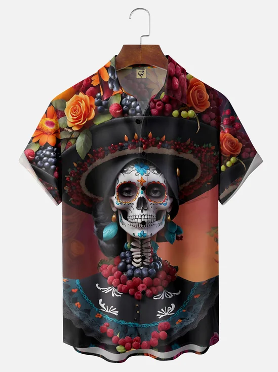 Moisture-wicking Day of the Dead Chest Pocket Hawaiian Shirt