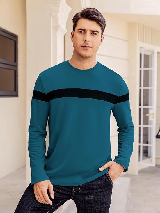 Color-block Crew Neck Long Sleeve Pullover Tee Shirt