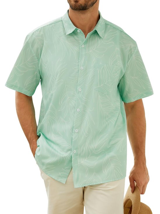 Tropical Leaf Chest Pocket Short Sleeve Beach Hawaiian Shirt