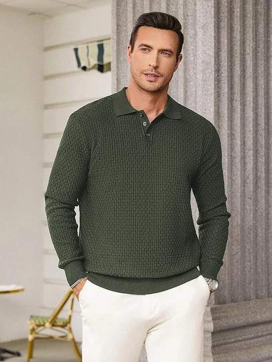 Plain Plaid Texture Knit Sweater Polo Shirt