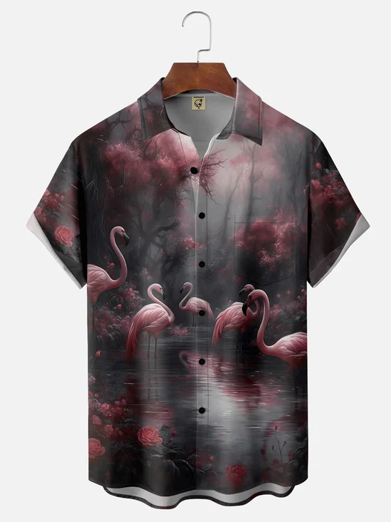 Moisture Wicking Abstract Gradient Color Flamingo Chest Pocket Hawaiian  Shirt