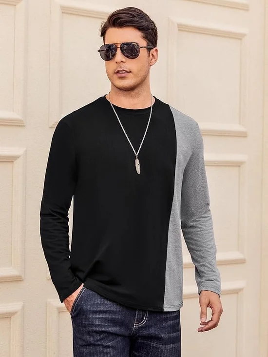 Cotton-blend Round Neck Color-block Long Sleeve Tee Shirt