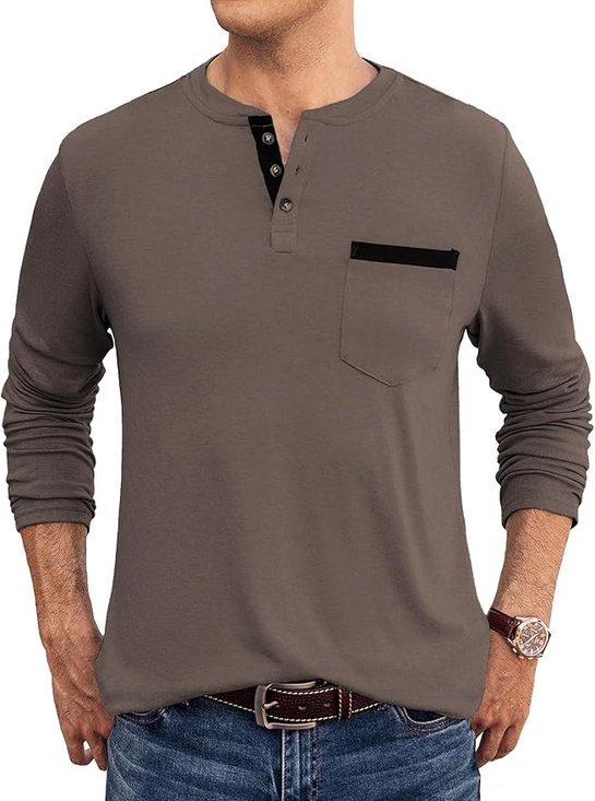 Colok-block Chest Pocket Long Sleeve Henley Shirt