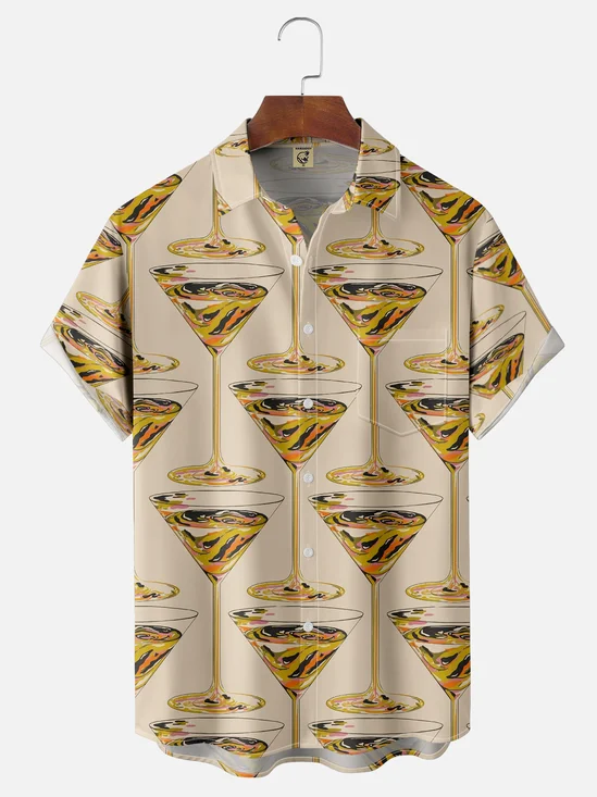 Moisture Wicking Abstract Cartoon Retro Cocktail Chest Pocket Hawaiian  Shirt