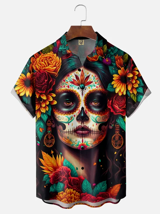 Moisture-wicking Day of the Dead La Catrina Chest Pocket Hawaiian Shirt