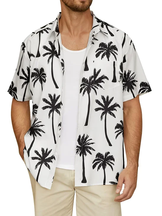 Palm Tree Chest Pocket Short Sleeve Hawaiian Shirt