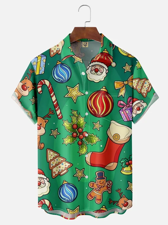 Moisture-wicking Christmas Art Print Chest Pocket Hawaiian Shirt