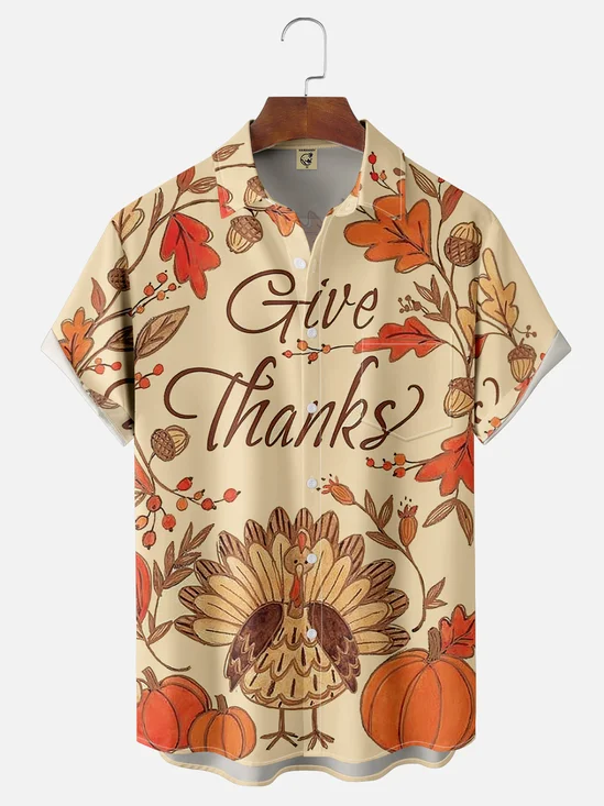 Moisture-wicking Happy Thanksgiving Turkey Chest Pocket Hawaiian Shirt