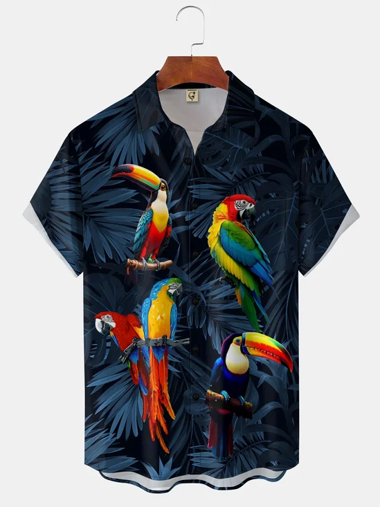 Moisture-wicking Bird Art Painting Chest Pocket Hawaiian Shirt