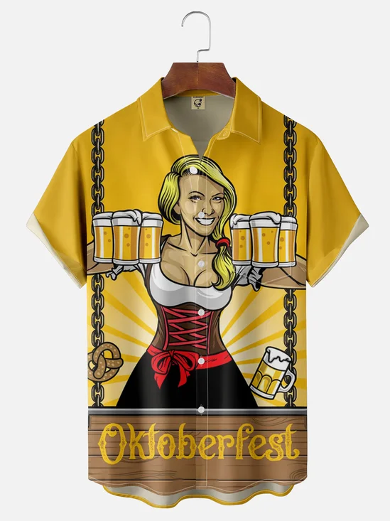 Moisture-wicking Oktoberfest Retro Beer Girl Art Chest Pocket Hawaiian Shirt