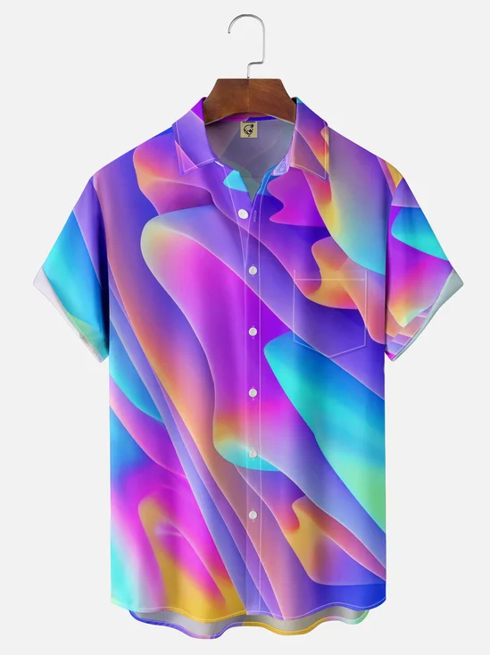 Moisture-wicking Abstract Gradient Stripes Chest Pocket Hawaiian Shirt