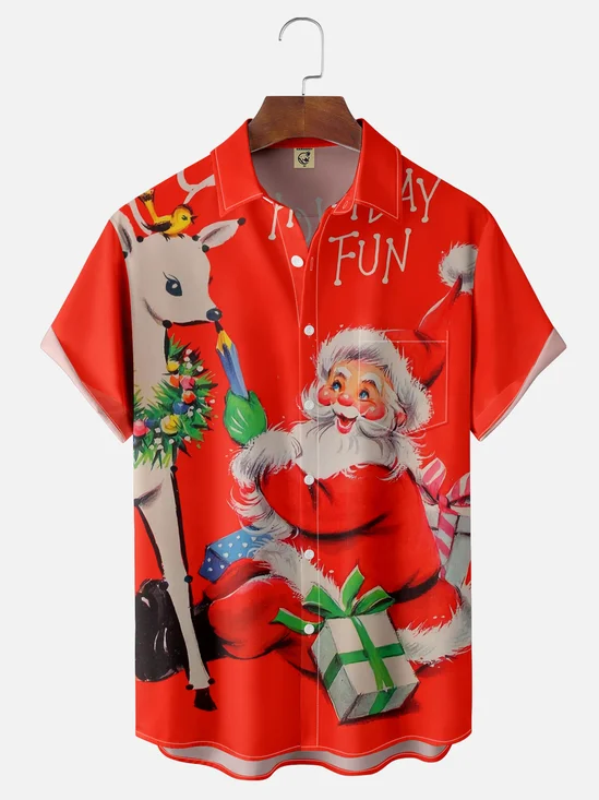 Moisture-wicking Christmas Santa Chest Pocket Casual Shirt