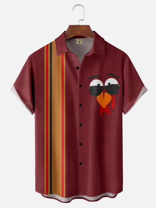 Moisture Wicking Thanksgiving Turkey Chest Pocket Hawaiian Bowling Shirt