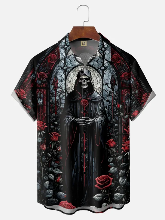 Moisture-wicking Halloween Skull Illustration Chest Pocket Hawaiian Shirt