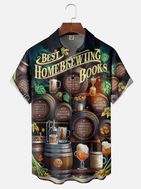 Moisture-wicking Oktoberfest Beer Barrel Art Chest Pocket Hawaiian Shirt