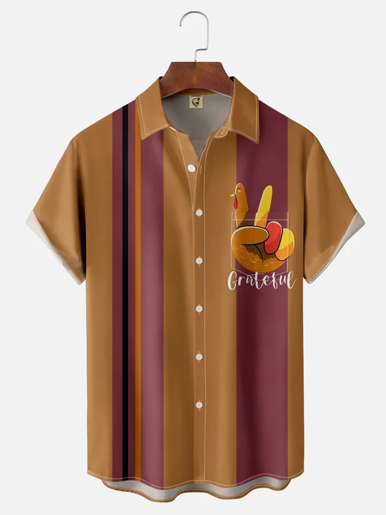 Moisture Wicking Thanksgiving Turkey Chest Pocket Hawaiian Bowling Shirt