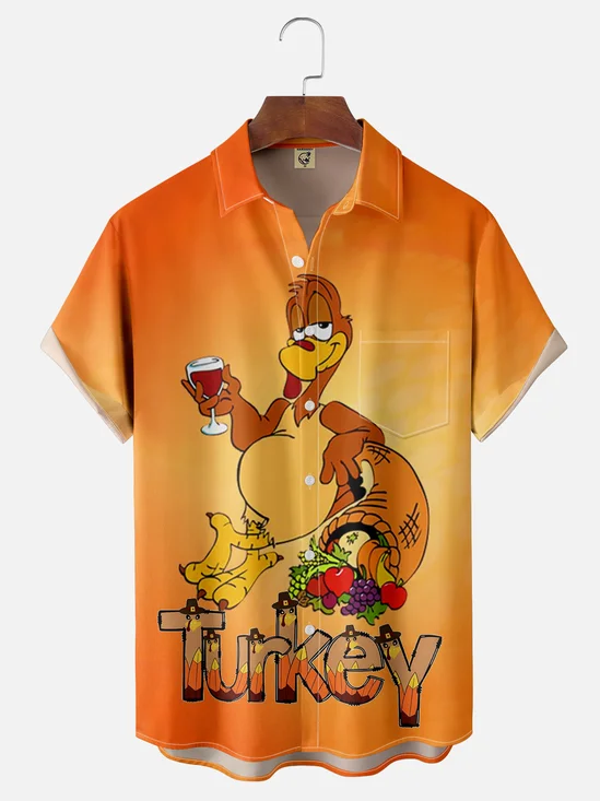 Moisture-wicking Thanksgiving Turkey Illustration Chest Pocket Hawaiian Shirt