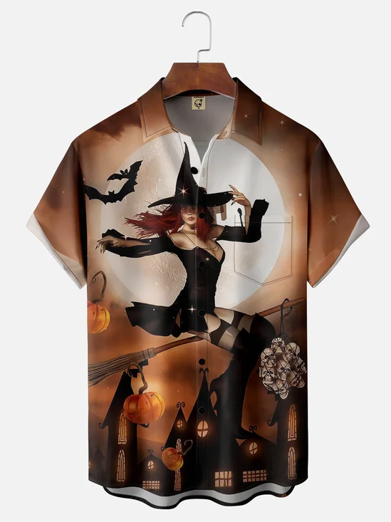 Moisture-wicking Halloween Beauty Witch Chest Pocket Casual Shirt