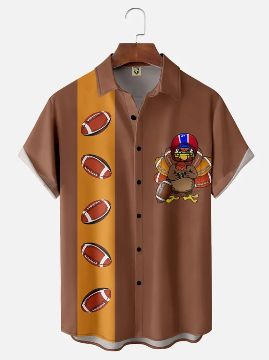 Moisture-wicking Thanksgiving American Football Turkey Chest Pocket Bowling Shirt