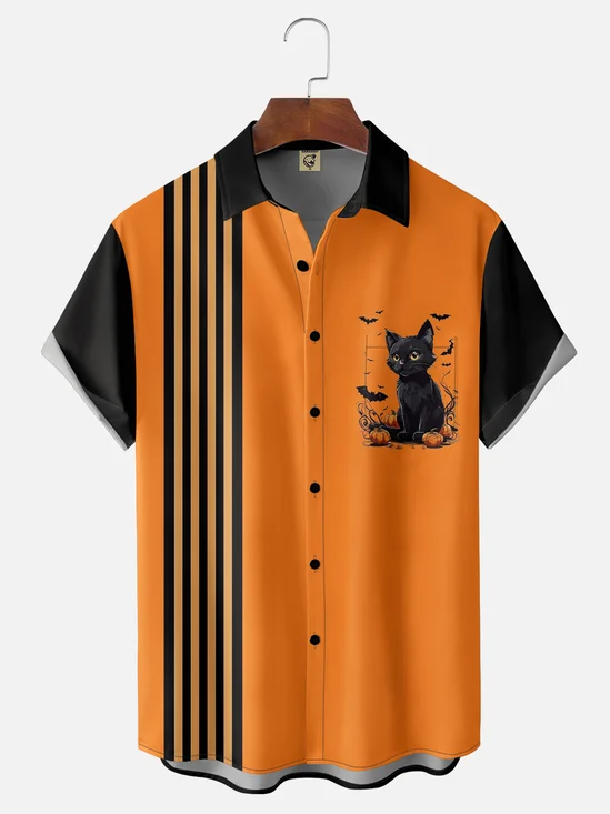 Moisture-wicking Halloween Cat Chest Pocket Bowling Shirt