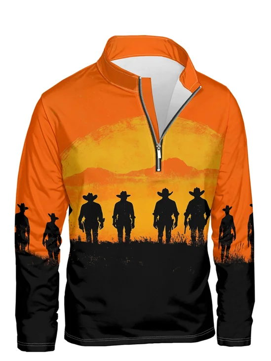 Colorblock Art Western Cowboy Half-zip Pullover Sweatshirt