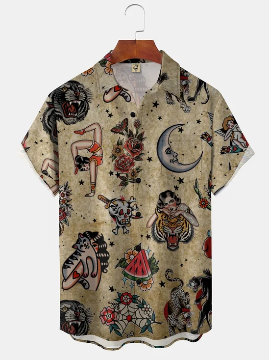 Moisture-wicking Vintage Tattoo Art Chest Pocket Hawaiian Shirt