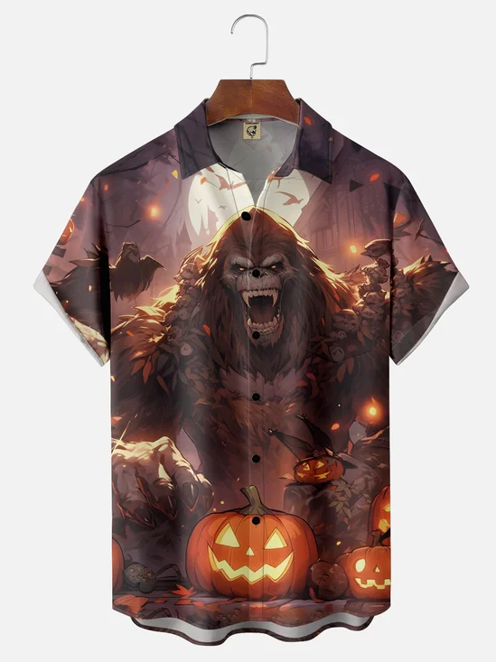 Moisture-wicking Halloween Abstract Gradient Orangutan Pumpkin Chest Pocket Hawaiian Shirt