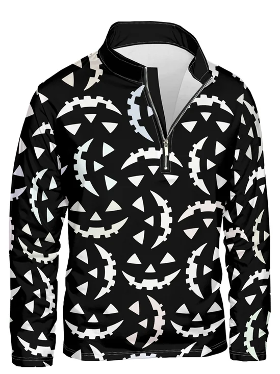 Halloween Pumpkin Face Print Half-zip Pullover Sweatshirt