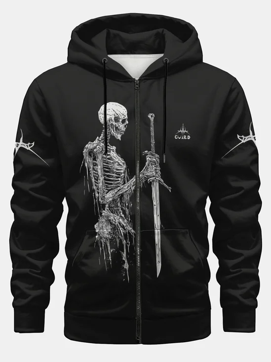 Skeleton Swordsman Illustration Zipper Hoodie Sweatshirt