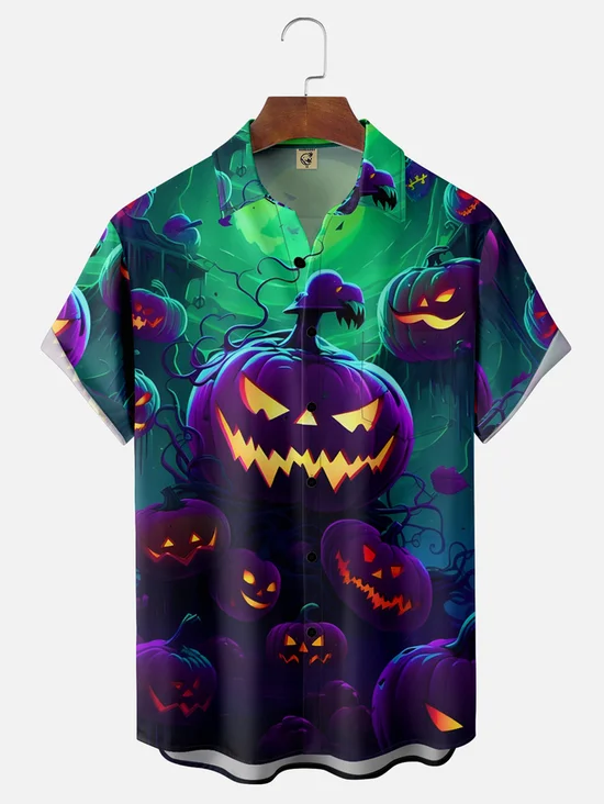 Tall Size Halloween Pumpkin Chest Pocket Holiday Shirt