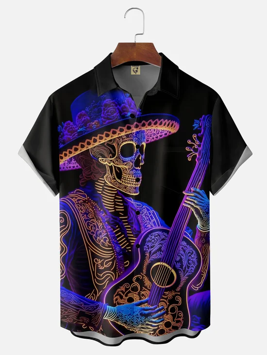 Tall Size Day of the Dead Skeleton Music Guitar Chest Pocket Casual Shirt