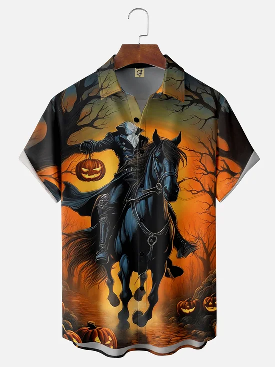 Tall Size Moisture-wicking Halloween Headless Horseman Chest Pocket Hawaiian Shirt