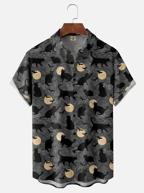 Moisture-wicking Halloween Black Cat Chest Pocket Hawaiian Shirt