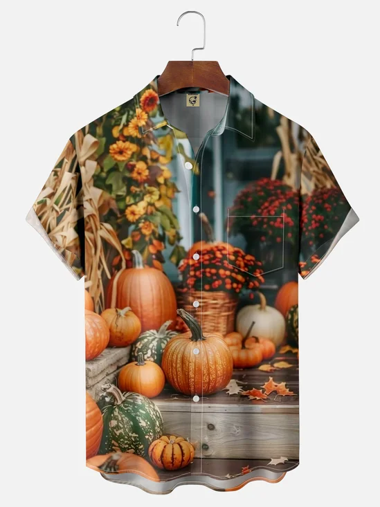 Moisture-wicking Thanksgiving Harvest Pumpkin Chest Pocket Hawaiian Shirt