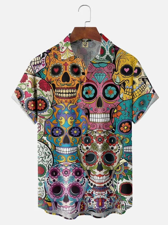 Moisture-wicking Day of the Dead Art Skull Trend Print Chest Pocket Hawaiian Shirt