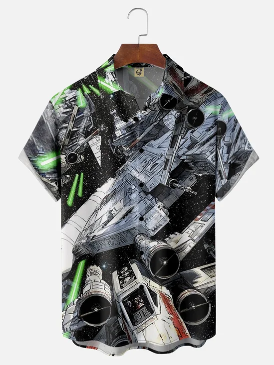 Moisture-wicking Spaceship Battle Chest Pocket Hawaiian Shirt