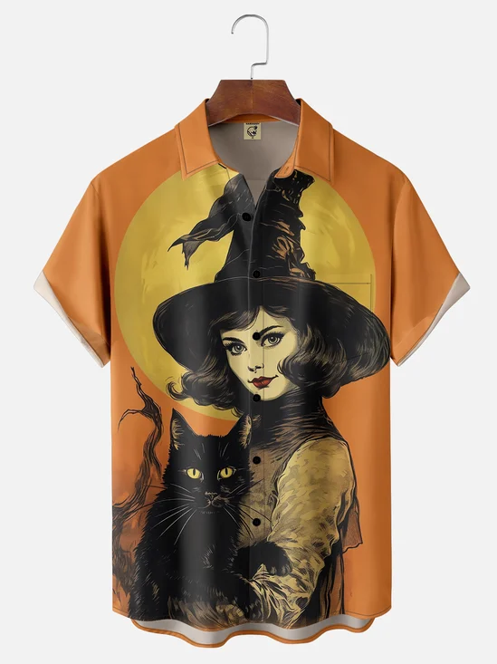 Moisture-wicking Halloween Witch Vintage Chest Pocket Hawaiian Shirt