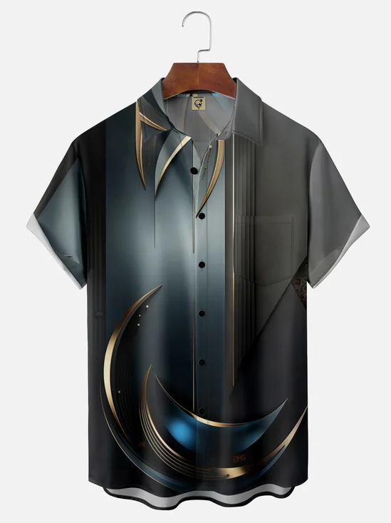 Moisture Wicking Abstract Geometric Chest Pocket Hawaiian Shirt