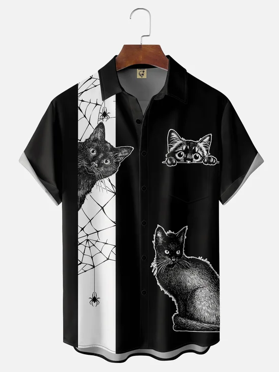 Moisture-wicking Halloween Black Cat Spider Web Chest Pocket Bowling Shirt