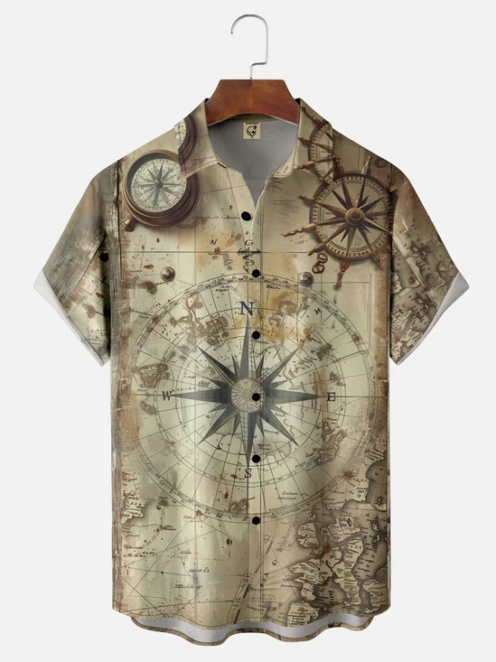 Moisture-wicking Columbus Day Compass Chest Pocket Hawaiian Shirt