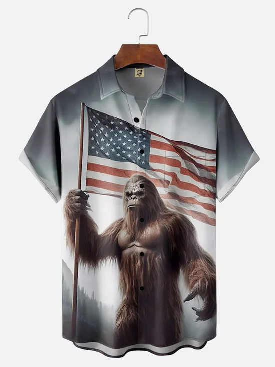 Moisture-wicking Bigfoot and American Flag Chest Pocket Hawaiian Shirt