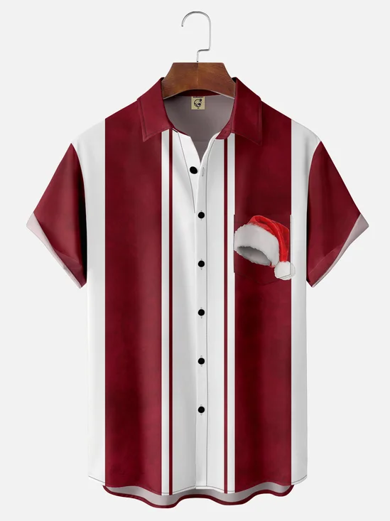 Moisture-wicking Christmas Santa Hat Chest Pocket Bowling Shirt