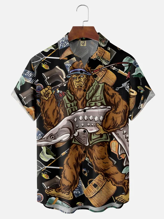 Moisture Wicking Bigfoot Fishing Chest Pocket Hawaiian Shirt